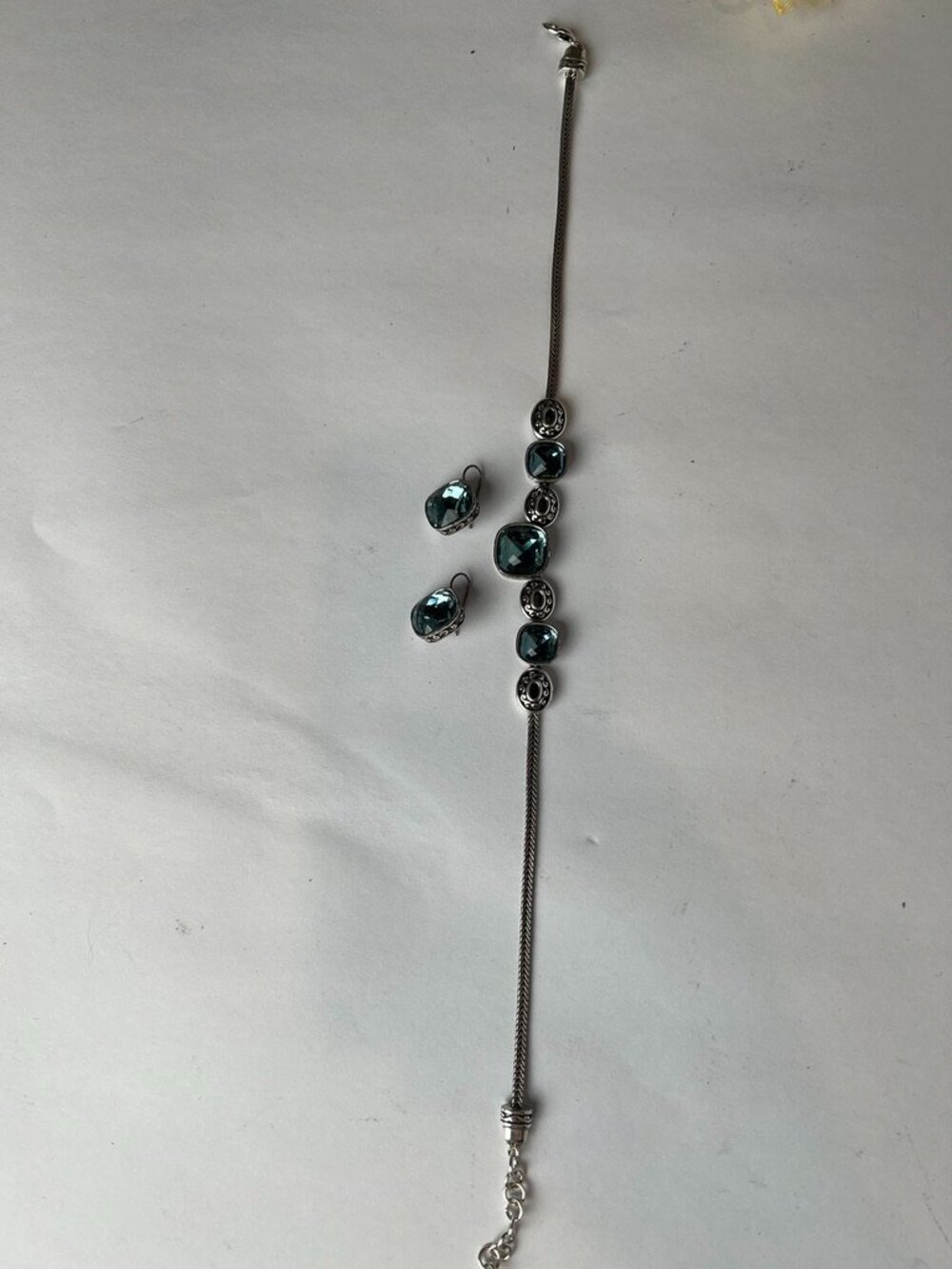 Brighton Teal Blue Crystal Necklace & Earrings Set Silver Tone
